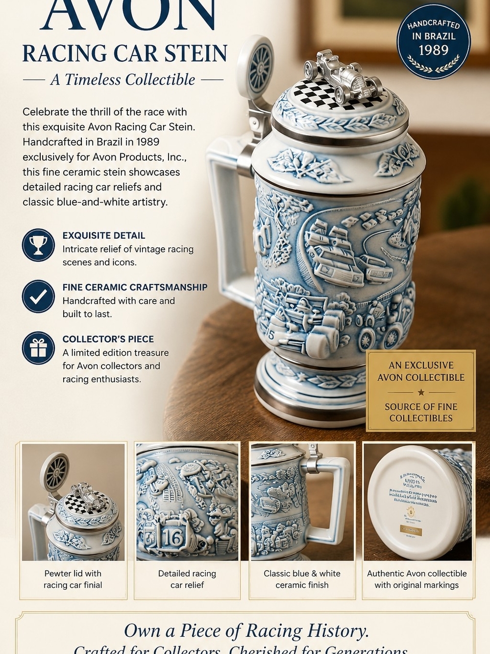 Avon Blue and White Racing Car Ceramic Stein